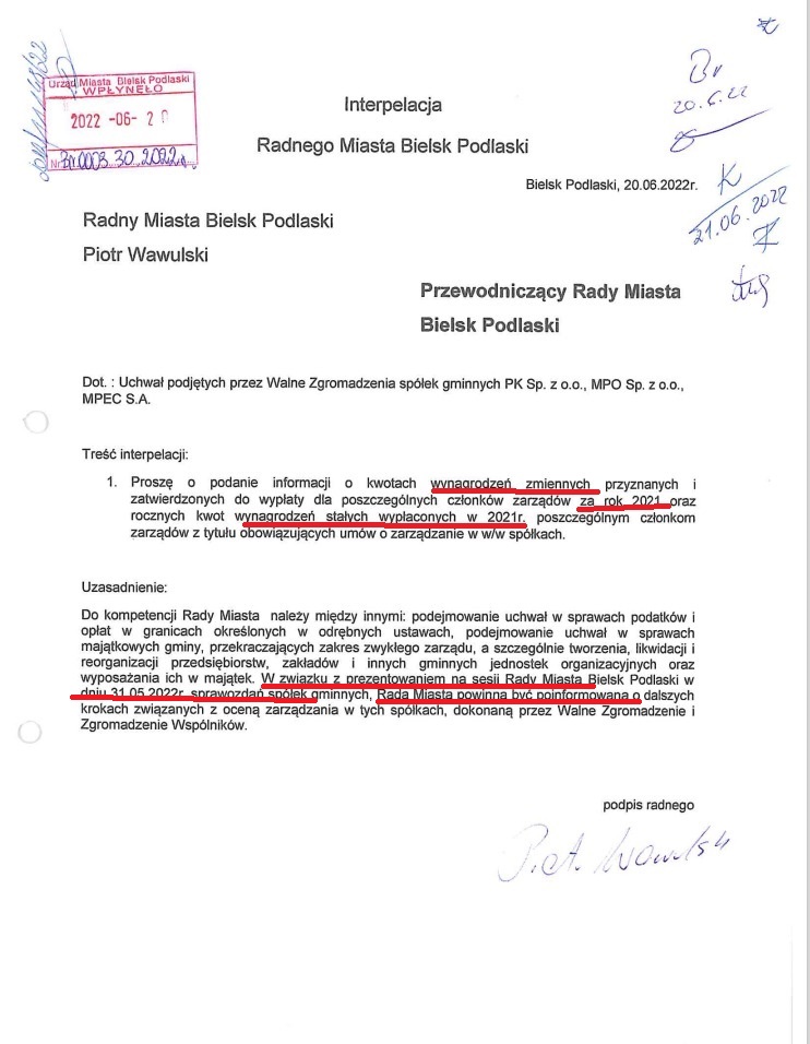 001. Interpelacja radnego w sprawie wynagrodzenia członków zarządu spółek miasta PK, MPO, MPEC
