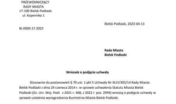 001. Przewodniczący rady miasta wnioskuje o podwyżkę dla burmistrza