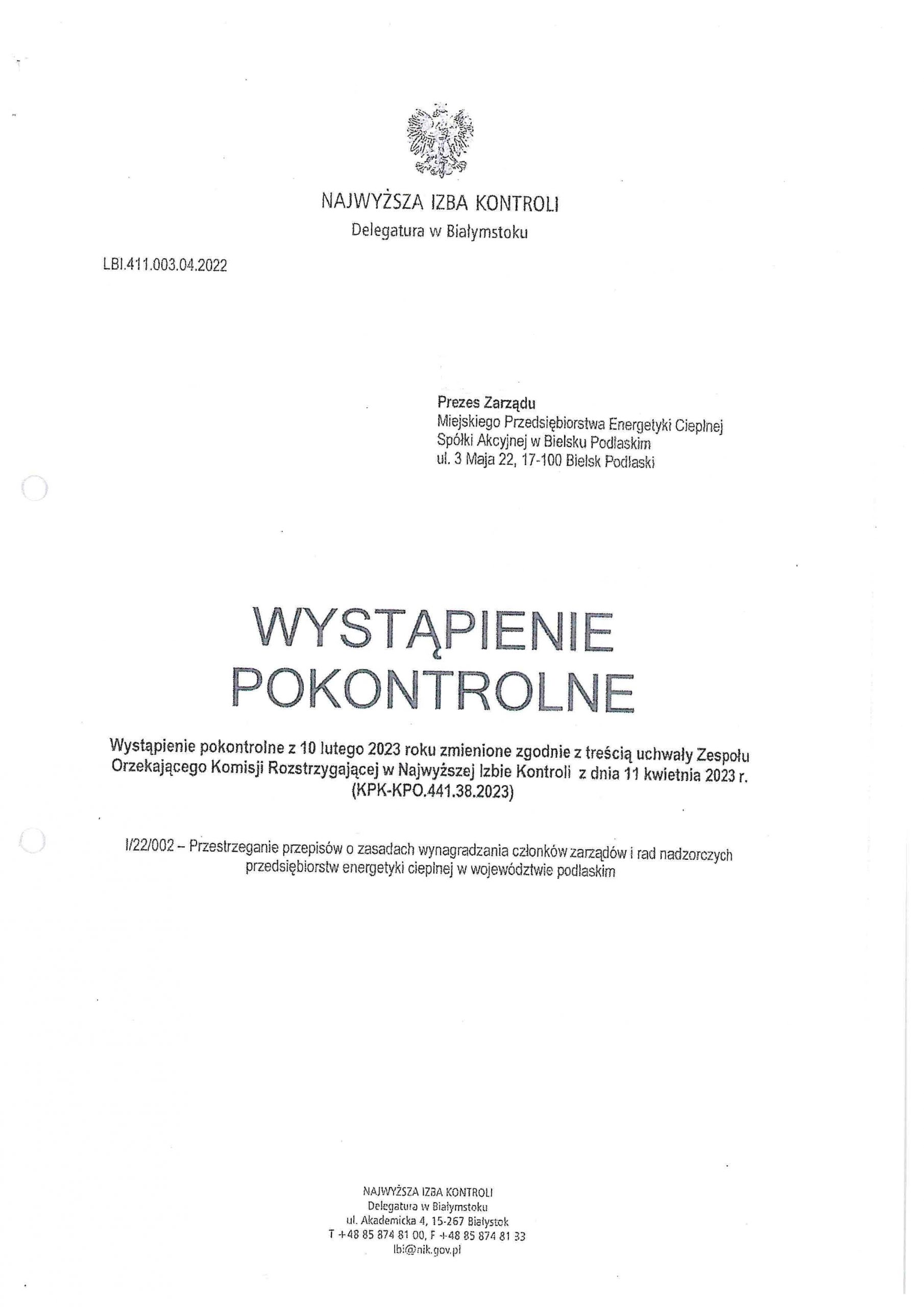 004. Wystąpienie pokontrolne Najwyższej Izby Kontroli dotyczące MPEC w Bielsku Podlaskim