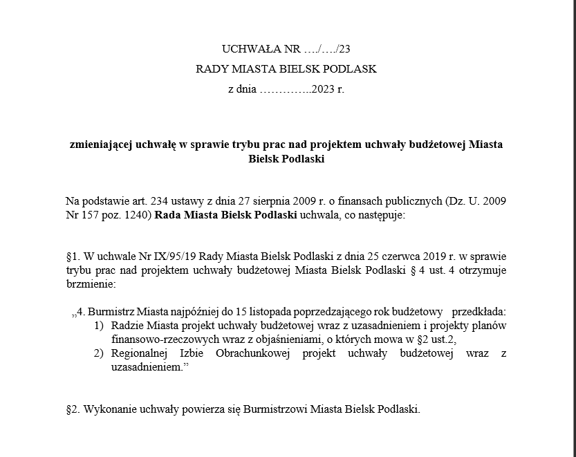 001. Projekt uchwały zmieniającej uchwałę w sprawie trybu prac na projektem budżetu