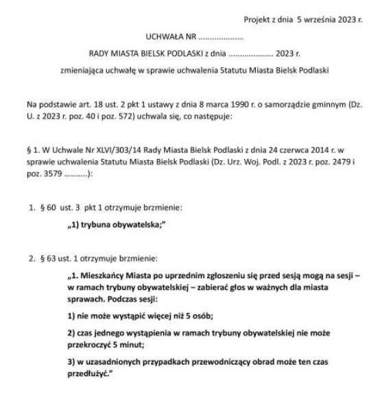 001. Projekt zmiany statutu w sprawie „Trybuny obywatelskiej”.