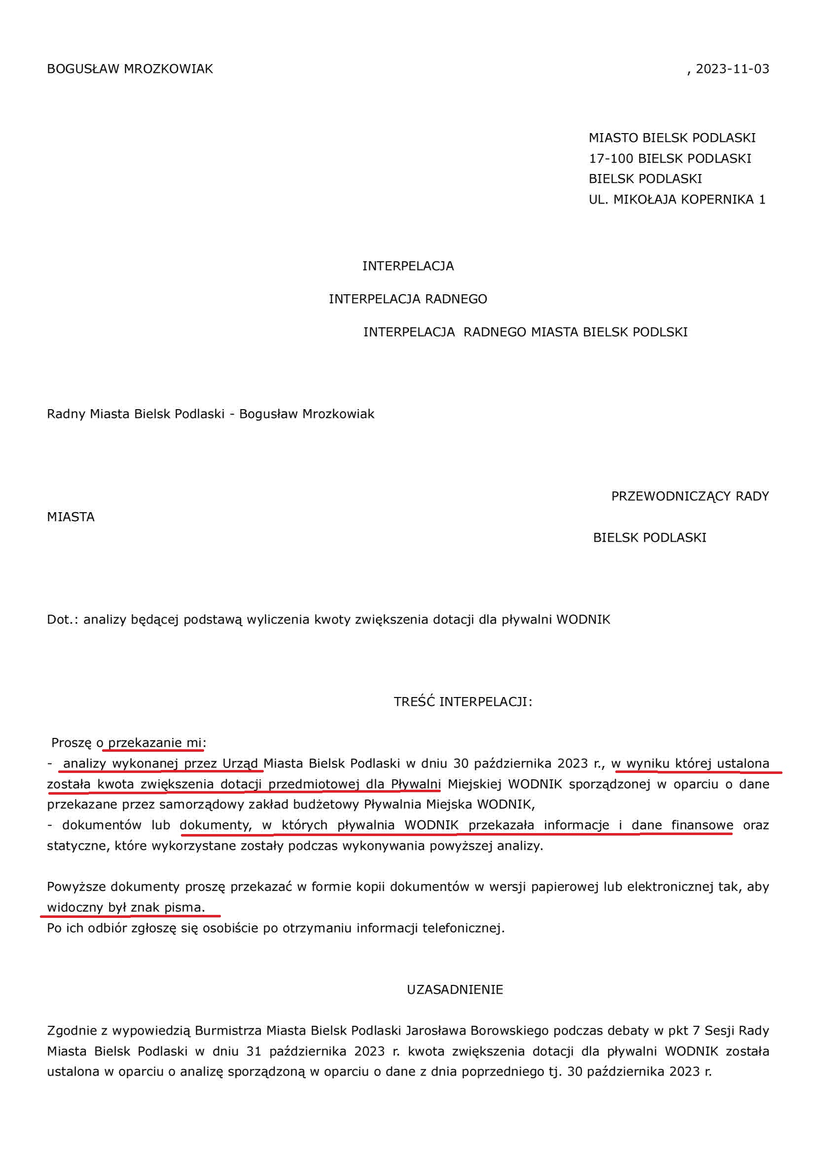 001. Interpelacja w sprawie analizy dotyczącej dotacji dla pływalni WODNIK