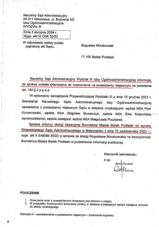 011. Jest termin rozpatrzenia skargi kasacyjnej Burmistrza Miasta Bielsk Podlaski